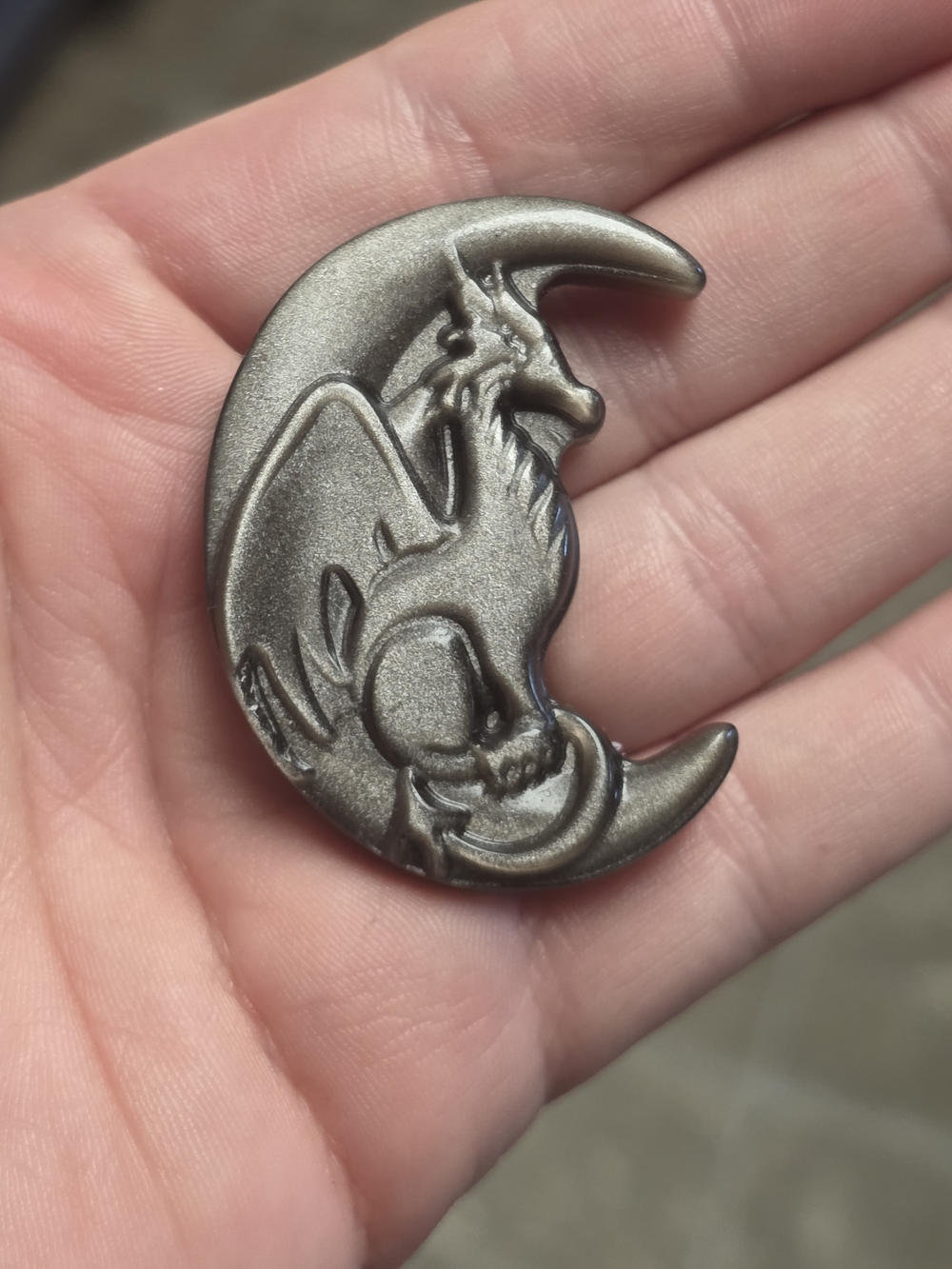 Silver Sheen Obsidian Dragon Moon Carving | Flashy Crystal Carving Dragon Decor